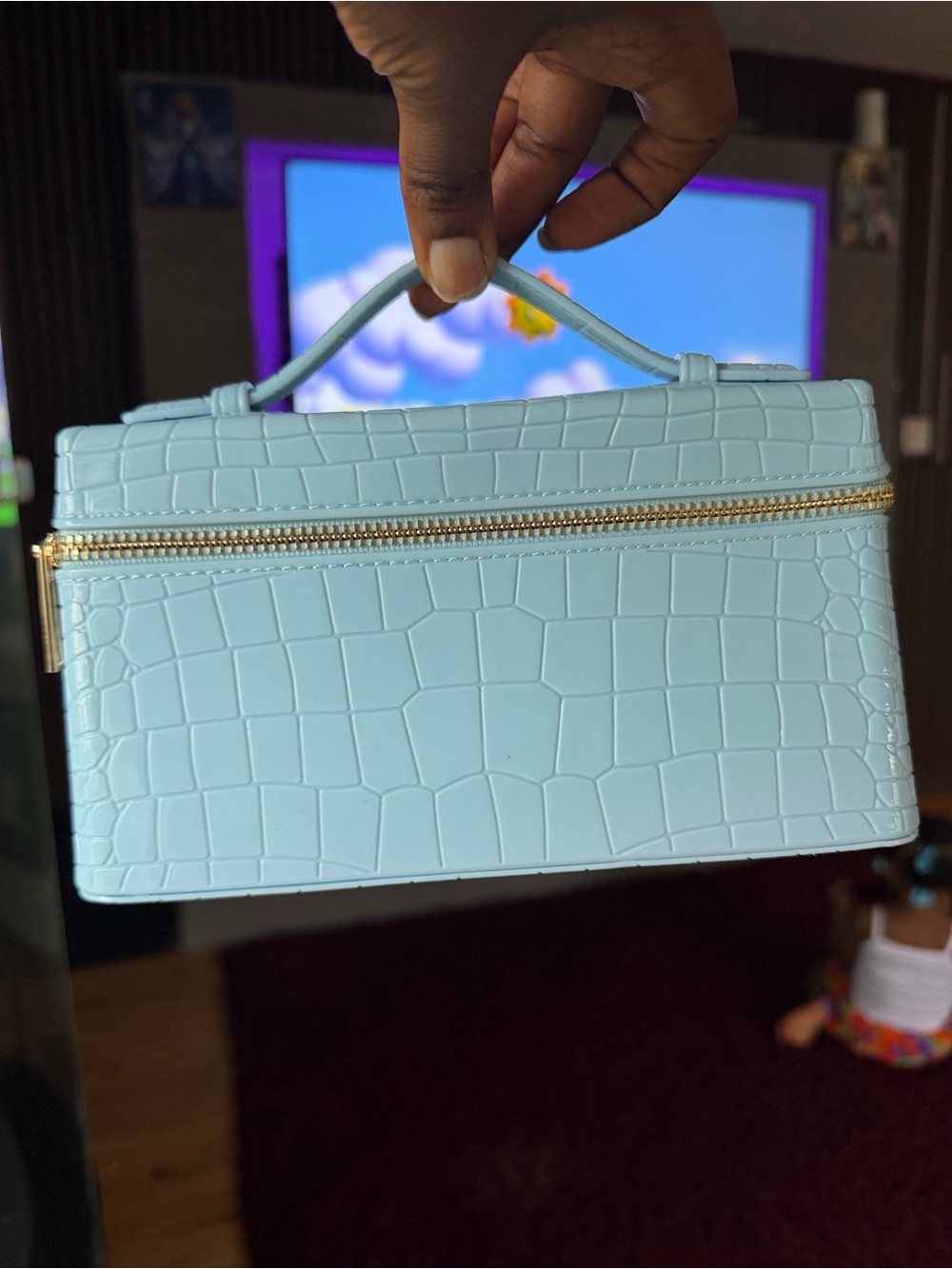 Light Blue Croc-Embossed Top-Handle Women’s Bag
